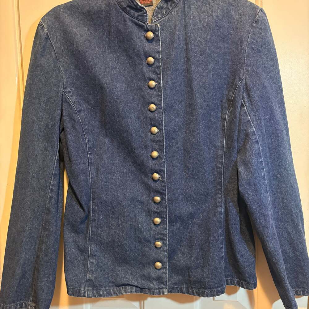 Vintage MCW Denim Military Style Jacket Mandarin Collar Blue Jean Blazer